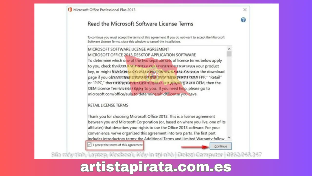 “Acepto los términos de este acuerdo” = Haga clic en Continuar