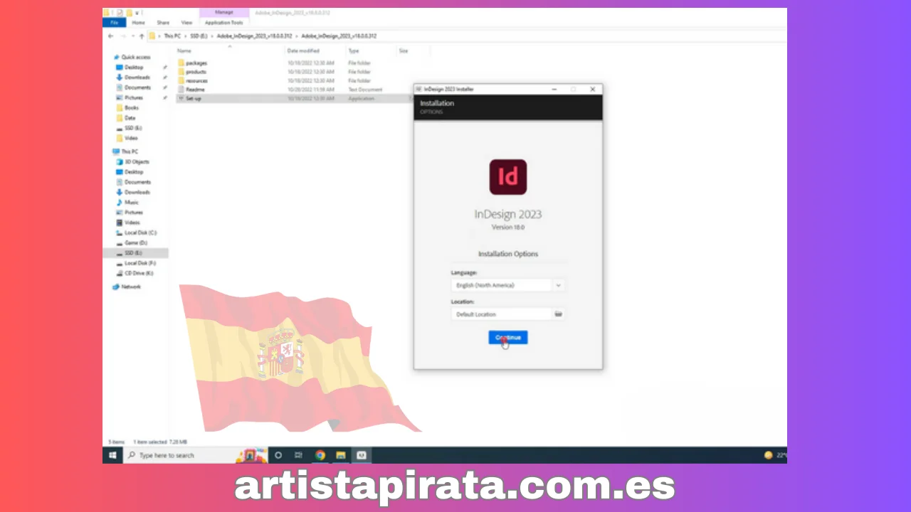 Continúe haciendo clic en “Adobe_InDesign_2023_v18.0.0.312” - Haga clic en “Configuración” - Haga clic en “Continuar”