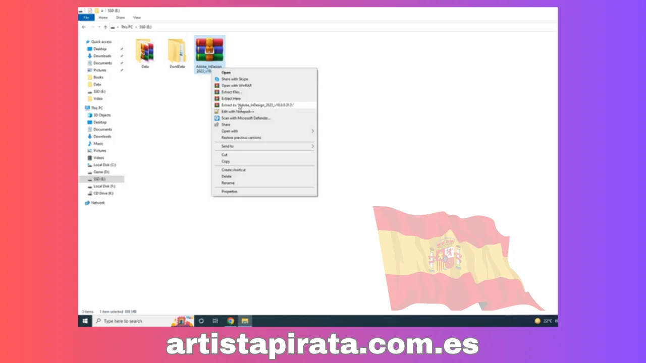 Haga clic derecho en el archivo “Adobe_InDesign_2023_v18.0.0.312” - Seleccione “Extraer a Adobe_InDesign_2023_v18.0.0.312”