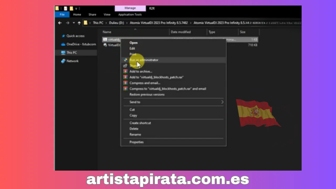 Haga clic en el archivo “R2R” -> Haga clic derecho en el archivo “virtualdj_blockhosts_patch” -> Seleccione “Ejecutar como administrador”