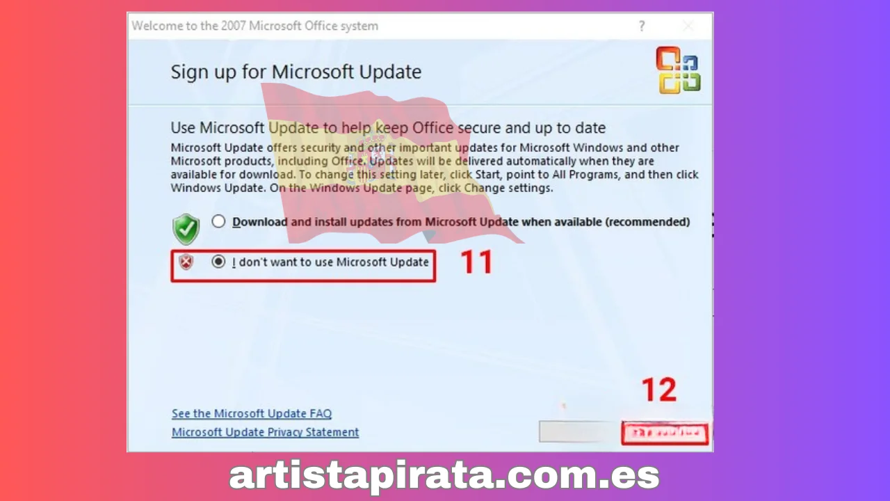 Marca la casilla No quiero usar Microsoft Update