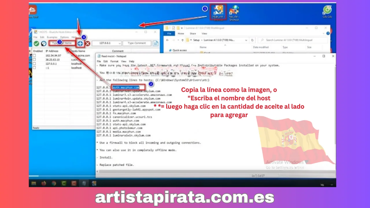 Copie las líneas una por una en el cuadro Escribir nombre de host