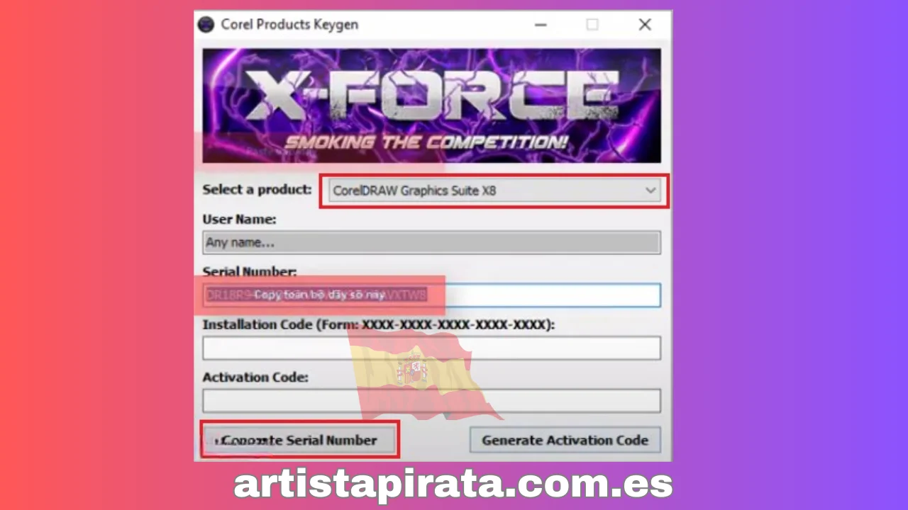 Cuadro de diálogo Keygen de productos Corel