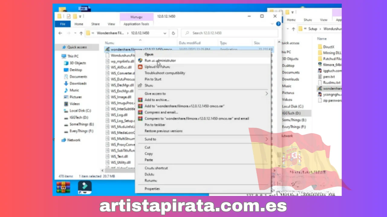 Haga clic derecho en el archivo “wondershare.filmora…” - Seleccione “Ejecutar como administrador”