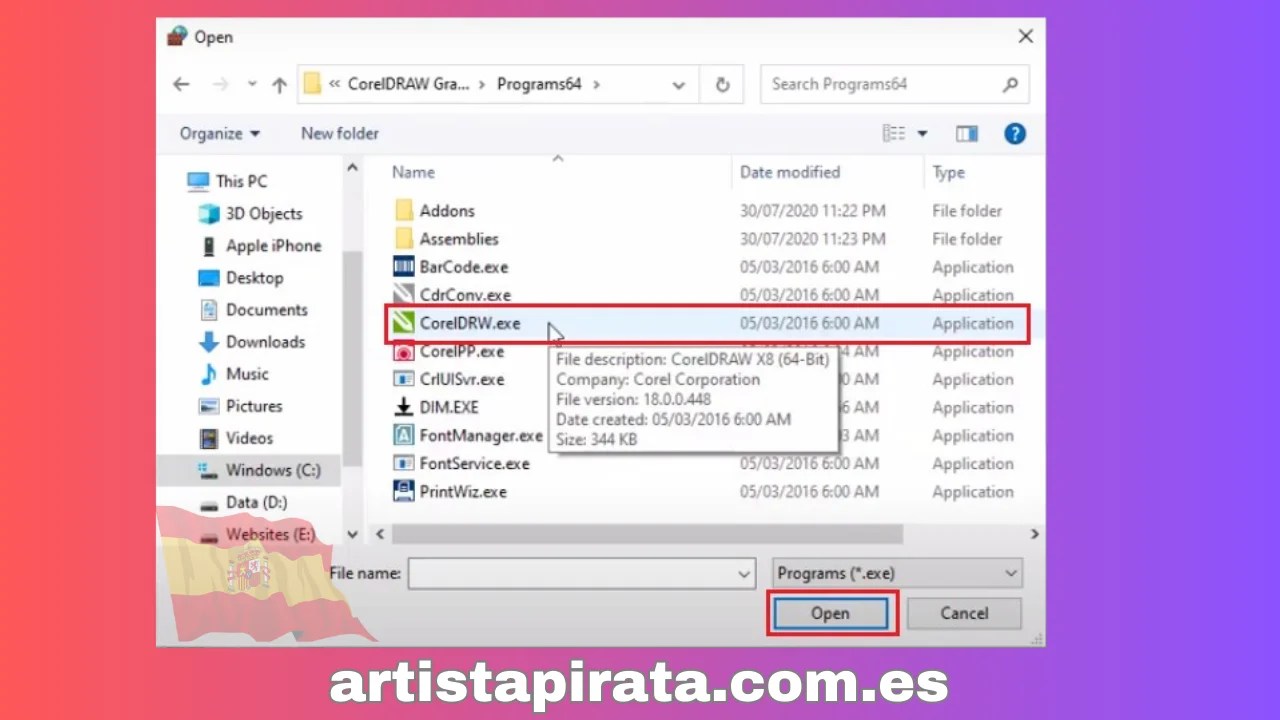 Seleccione el archivo CorelDRAW.exe
