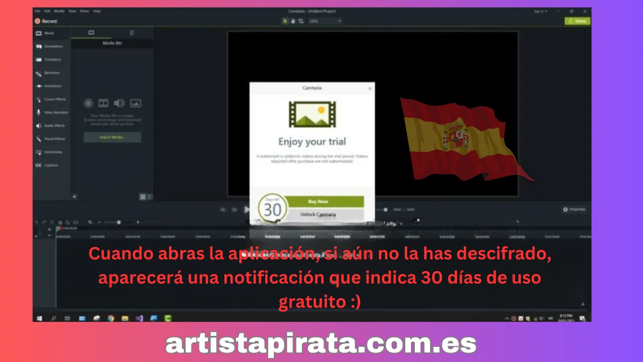 Camtasia no agrietada mostrará un aviso de prueba de 30 días