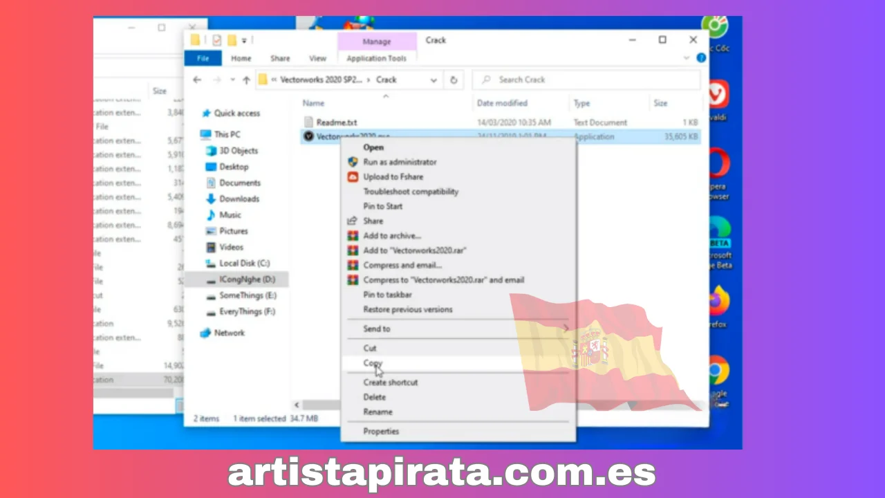 Copie “Vectorworks 2020 Installer.exe” en el archivo “Crack”