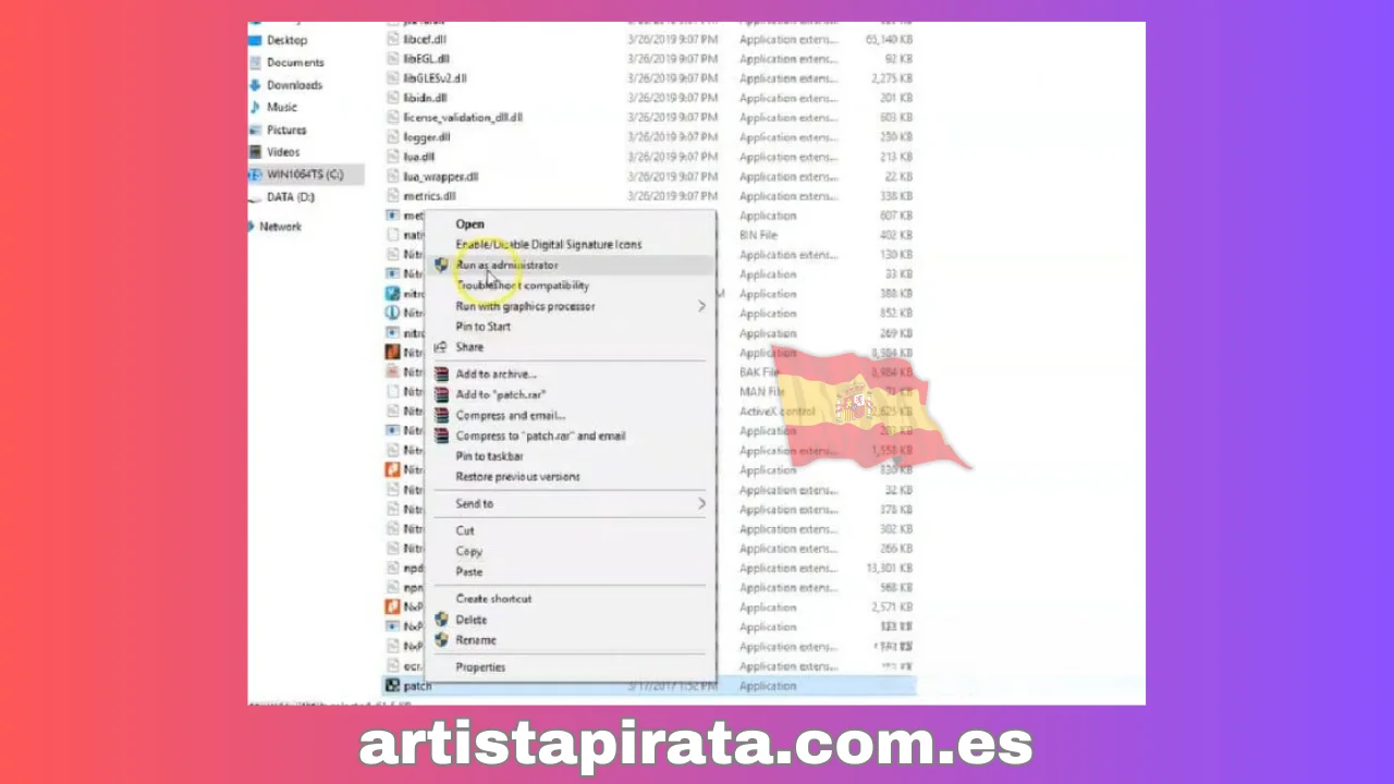 Después de pegar, seleccione el archivo de parche y presione Ejecutar como administrador