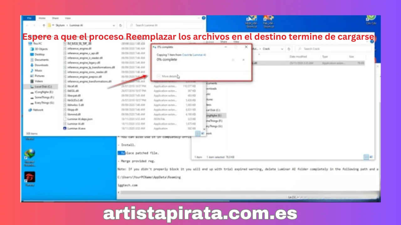 Espere a que se complete el proceso Reemplazar los archivos en el destino