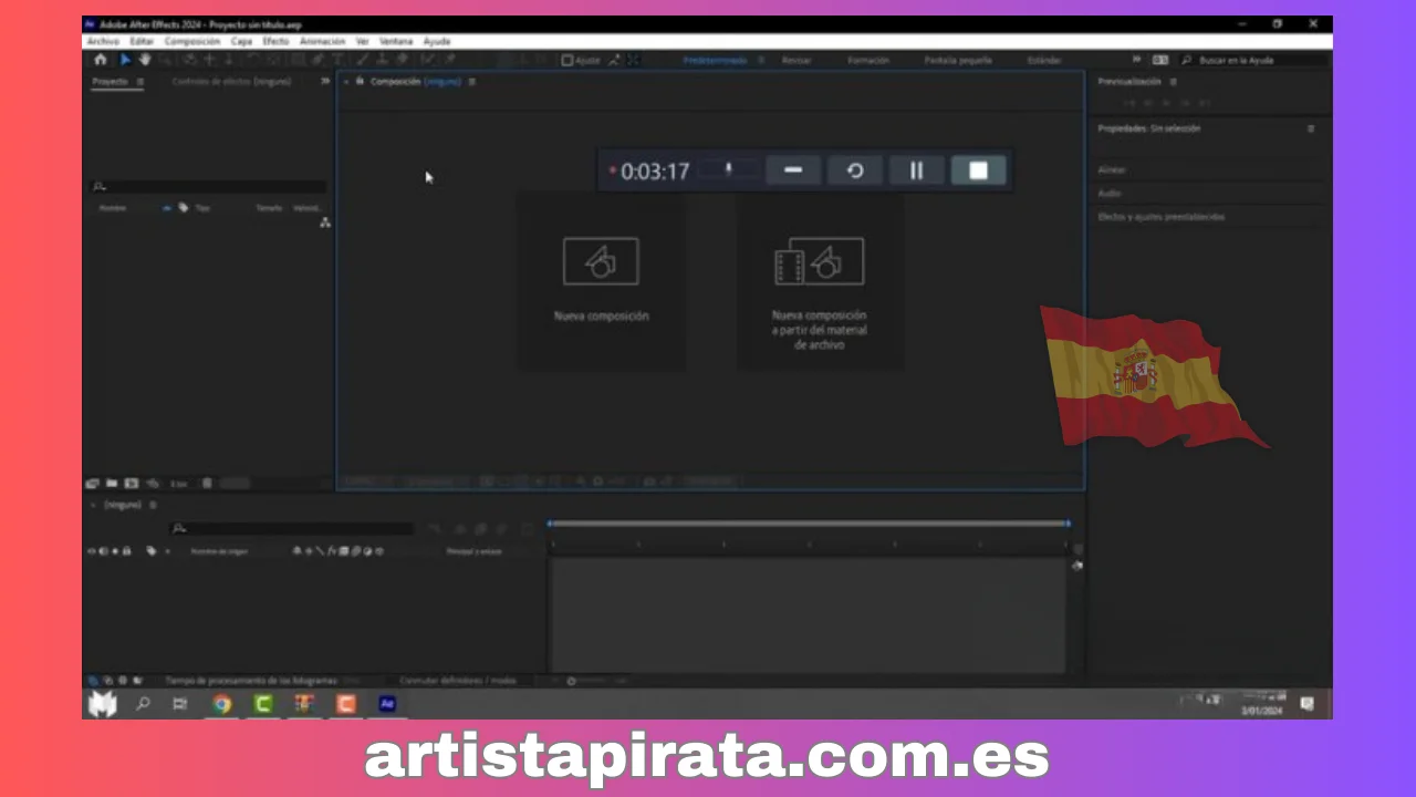 Interfaz de Adobe After Effects 2024 después de una instalación exitosa