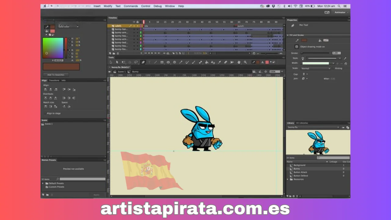 Interfaz del software Adobe Animate CC 2024