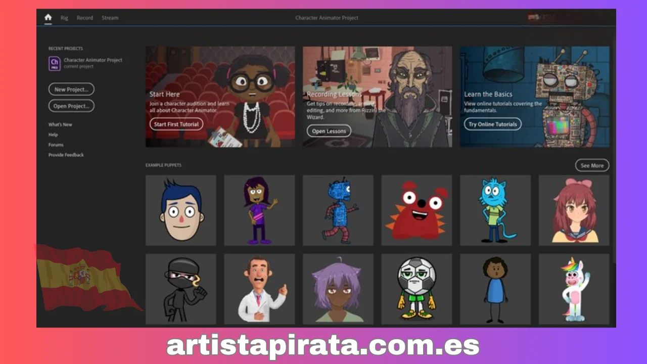 Interfaz del software Adobe Character Animator