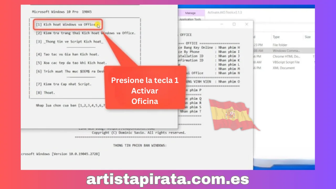 Presione la tecla 1 para activar Office.