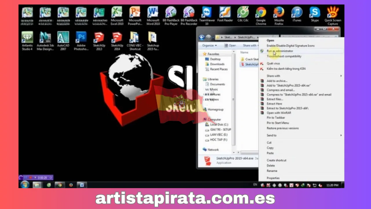 “SketchUpPro 2015-x64+crack” - Seleccione “SketchUpPro 2015-x64.exe” - “Ejecutar como administrador”.