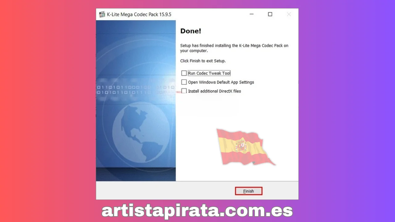 Finalmente haga clic en Finalizar = Instalación completa de K-lite Codec Pack Full Crack